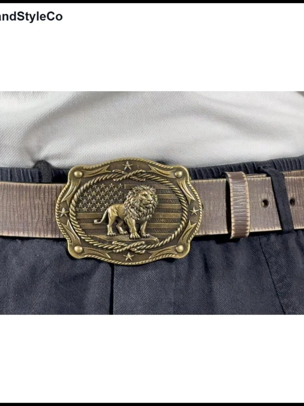 Genuine Leather Western Belt with Bronze Lion Buckle